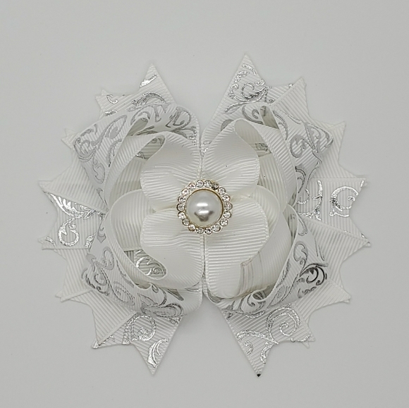 Bmess Accessories White Silver Hair Bow Fancy Formal Hair